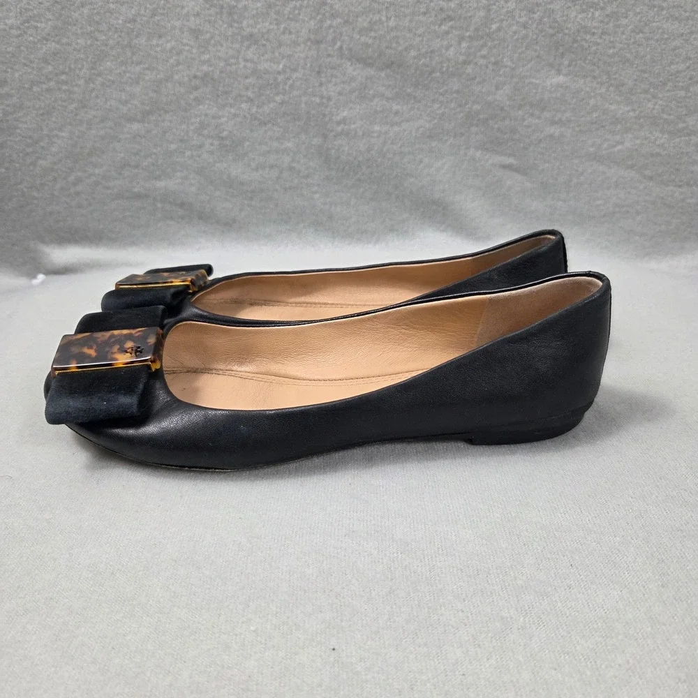 Tory Burch Black Leather Ballet Flats Tortoiseshell Bow Logo Buckle Womens 6M